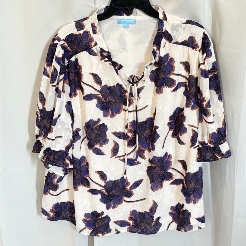 Draper James RSVP Womens Top Size 2X Blue Floral Ruffle‎ Lined Boho Career 18739